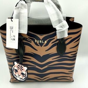 NWT Furla Tan, Navy and Black Tiger Print Tote w/Original Hang Tag